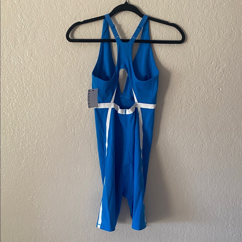 BANDIER V-Neck Plunge Contrast Short Catsuit 🐈⬛ Size S Blue White Luxury Chic - Picture 9 of 11